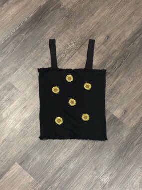 No Boundaries Black Smocked Tank with Yellow Daisy Accents